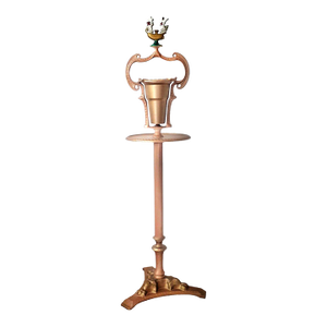 Whimsical Art Deco Painted Cast Iron Standing Ashtray With Stylized Sailing Ship Finial