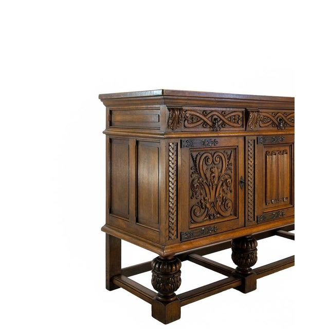 Neo-Renaissance Spanish Large Carved Oak Buffet, 1950 For Sale - Image 4 of 18