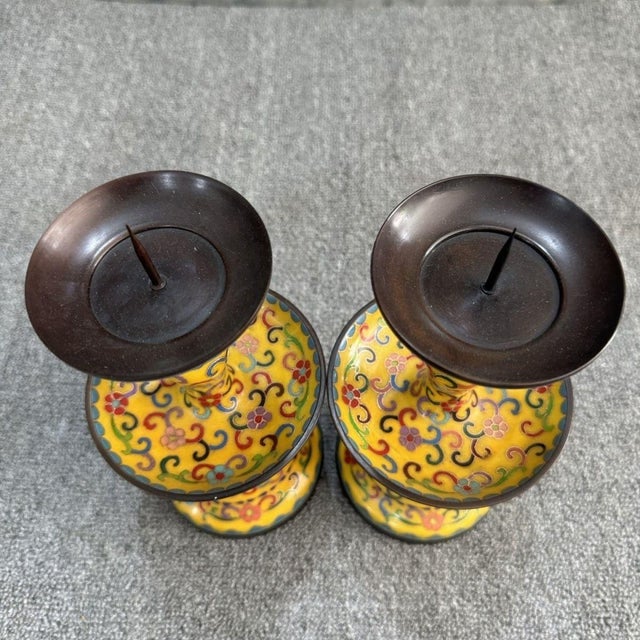 Pair of Tall Vintage Yellow Cloisonné Enamel Altar Candlesticks For Sale - Image 4 of 6