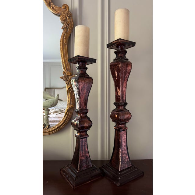 English 1990s Pair John Richard Oversized Aubergine Mercury Glass Tall Candlesticks 25” Hollywood Regency For Sale - Image 3 of 6