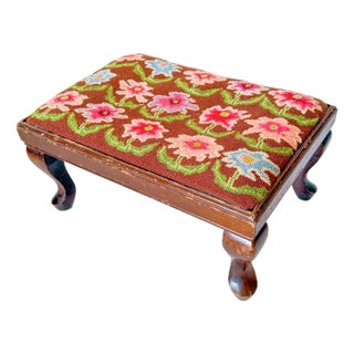 1970s Mod Flowers Needlepoint Footstool For Sale