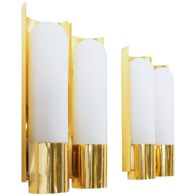Double Wall Lights in Opaline Glass & Brass, 1970s, Germany, Set of 2 For Sale - Image 9 of 9