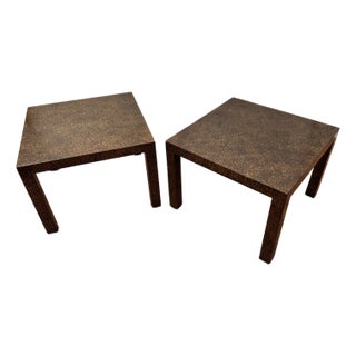 Pair of Vintage Henredon Hollywood Regency Faux Tortoise Shell Parson Solid Wood Side Tables in Mottled Brown & Amber For Sale