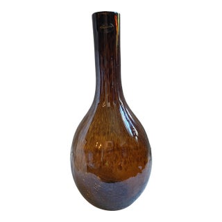 Vintage Murano Amber Crackle Glass Bottle Vase - 16" For Sale