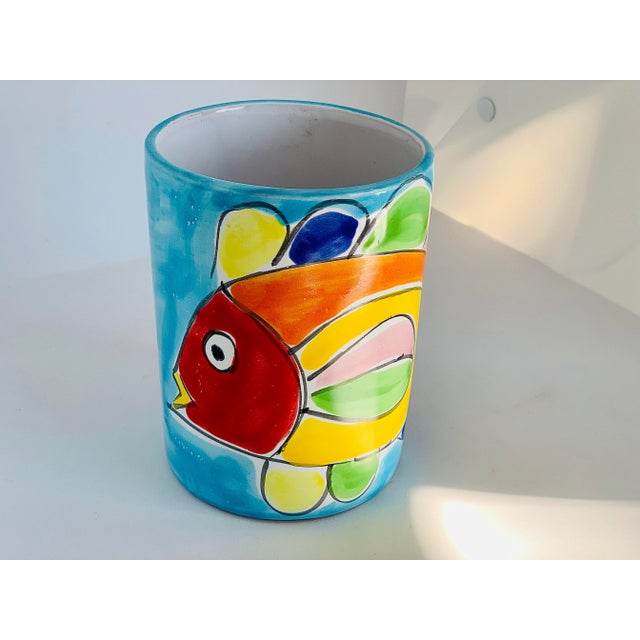 Vintage Folk Art Italian ‘La Musa’ Hand Painted Fish Ceramic Vase, Vessel, Canister For Sale - Image 10 of 10