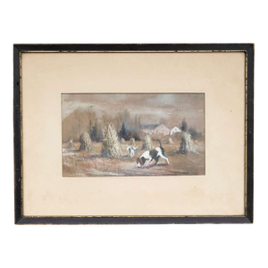 1920s Antique Hunting Dog Painting by Ira Deen, Framed