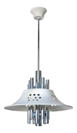 Vintage Italian Pendant in Chrome & White Enameled Metal Shades / by Sciolari C 1970s