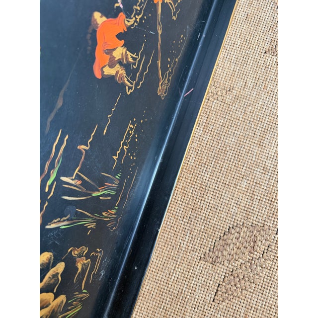 Mid 20th Century Large Vintage Chinoiserie Hand-Painted Metal Tray For Sale - Image 5 of 7