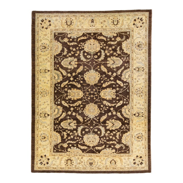Modern Peshawar Handmade Palmettes Motif Brown Wool Rug For Sale