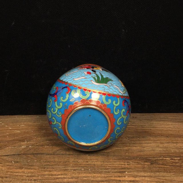 Metal Vintage Chinese Cloisonné Enamel Cricket Jar With Mandarin Ducks and Lotus Motif For Sale - Image 7 of 9