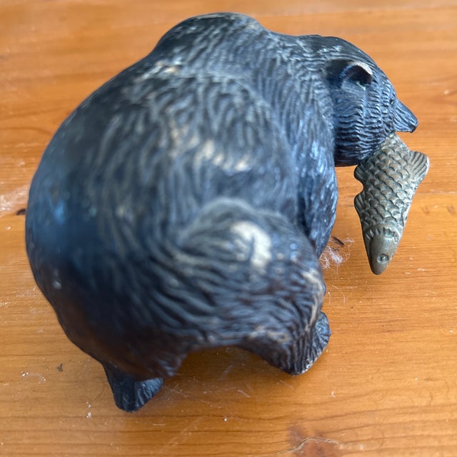Mid 20th Century Black Bear With Salmon Catch Painted Bronze For Sale - Image 9 of 12