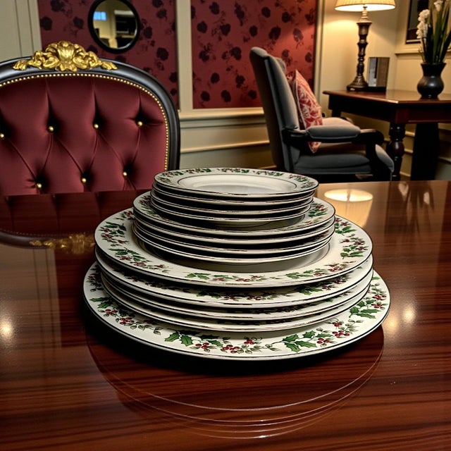 Metal Gibson Holiday Charm Holly Berry Dinnerware Place Setting for 4 - Set of 33 Pieces For Sale - Image 7 of 17