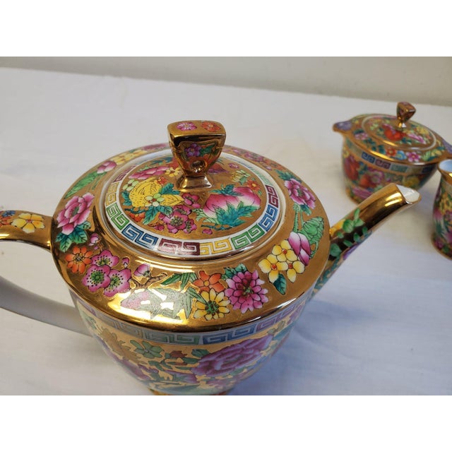 Vintage Mid Century Chinese Millefleur Thousand Flowers Famille Rose Porcelain Tea Service - 28 Pieces For Sale - Image 4 of 10