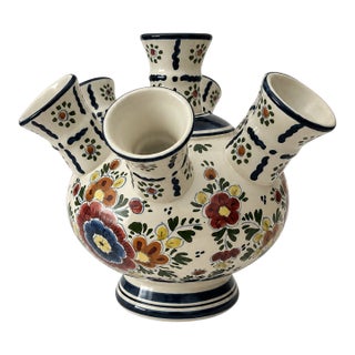 Vintage Dutch Delfts Polychrome Tulipiere 7 Spout Vase For Sale