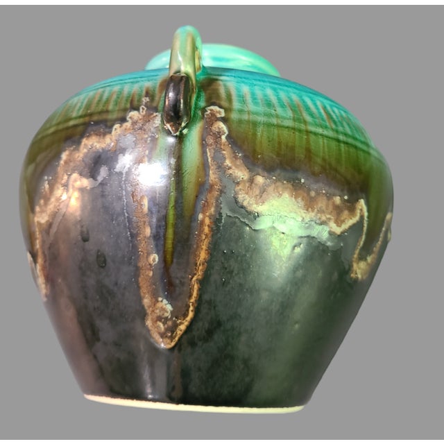 Ceramic Vintage Studio Glazed Art Pottery Turquoise Blue Olive Green Vase Urn For Sale - Image 7 of 8