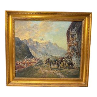 Vintage Original Wolfang Pogzeba Donkey Mountain Oil Painting on Board Landscape For Sale