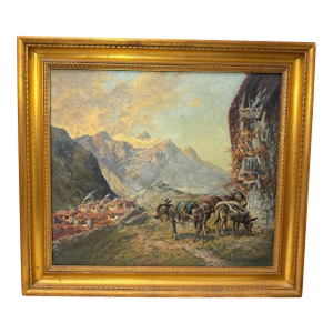 Vintage Original Wolfang Pogzeba Donkey Mountain Oil Painting on Board Landscape