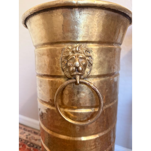 Vintage Hammered Brass Lion Head Umbrella Stand For Sale - Image 4 of 8