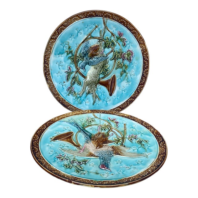 19th Century Majolica Hunting Trophies Platters Onnaing-A Pair For Sale