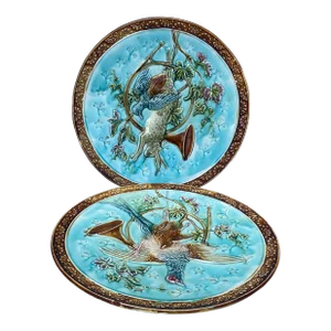 19th Century Majolica Hunting Trophies Platters Onnaing-A Pair