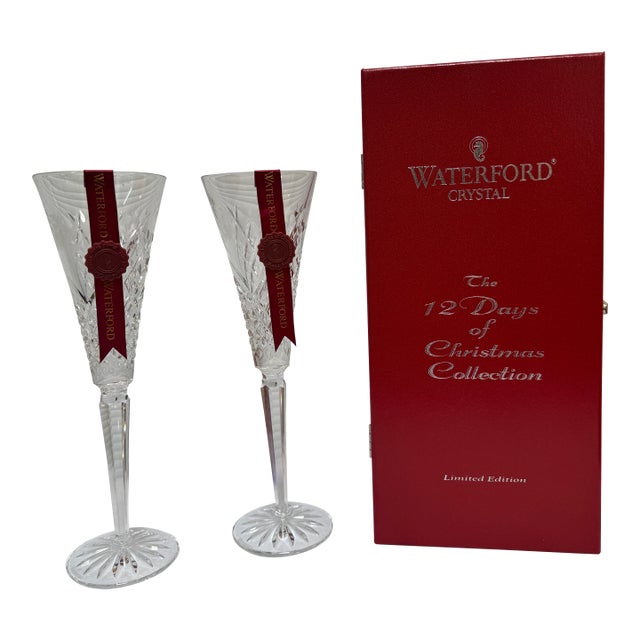Late 20th Century Waterford Twelve Days of Christmas Partridge Flutes With Boxes, Set of Two For Sale