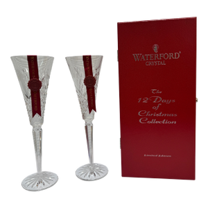 Late 20th Century Waterford Twelve Days of Christmas Partridge Flutes With Boxes, Set of Two
