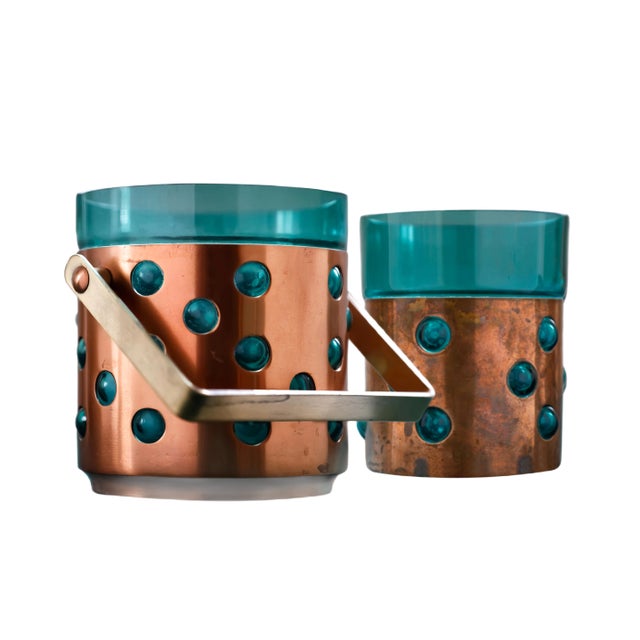 Set of Drinking Glasses and Ice Bucket Made of Green Glass and Copper by Nanny Stil for Raak, 1960s For Sale