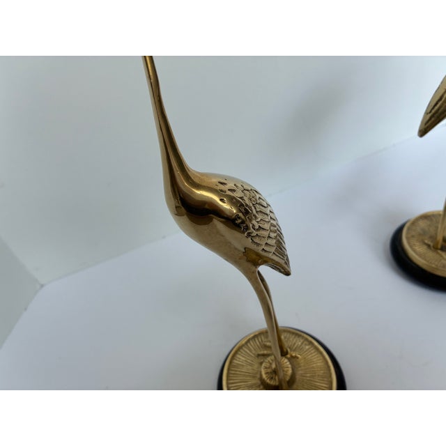 Wood Mid Century Modern Large Brass Crane Figures on Wood Base - A Pair For Sale - Image 7 of 12