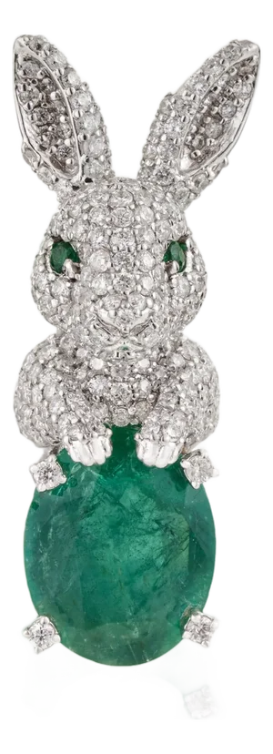 Bunny Brooch Pin With 3.08ct Emerald & 1.11ct Pave Diamonds in 14k White Gold