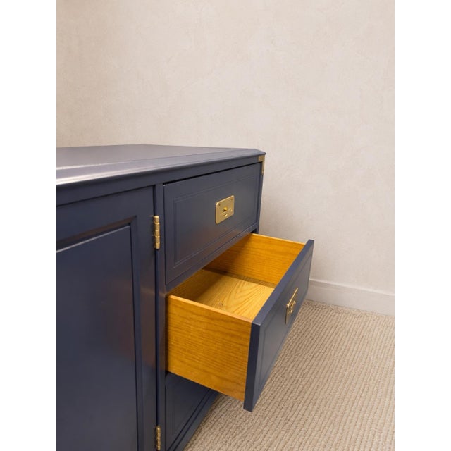 Navy Blue 1970s Professionally Refinished Young Solid Oak Campaign Dresser Credenza, Navy Blue, Brass Hardware For Sale - Image 8 of 11
