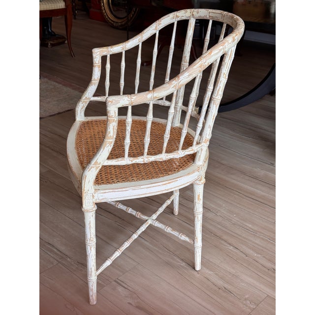 Set of Four Regency Style White Painted Faux Bamboo Armchairs With Cane Seats For Sale - Image 12 of 13