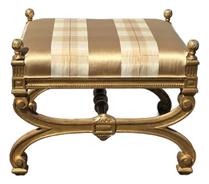 Vintage French Provincial Gold Plaid Bench W Gold Finials