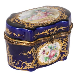 Antique French Cobalt Blue Porcelain Jewellery Casket from Sevres, 19th Century For Sale