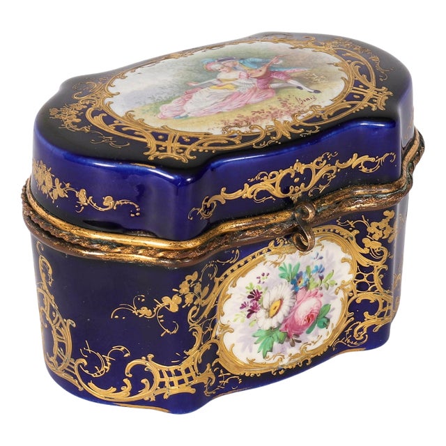 Antique French Cobalt Blue Porcelain Jewellery Casket from Sevres, 19th Century For Sale