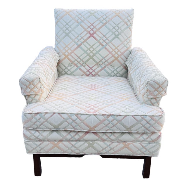 Vintage 1960s Fabric Lounge Chair With Solid Walnut Wood Base For Sale