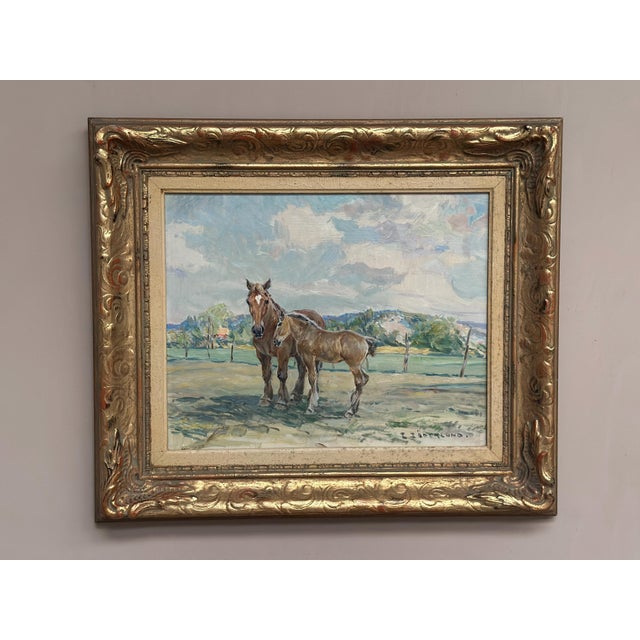 Original Vintage Swedish Oil on Panel – “Horses in a Pasture” by Einar Söderlund – Signed – Vintage & Framed – 57 × 50 cm...