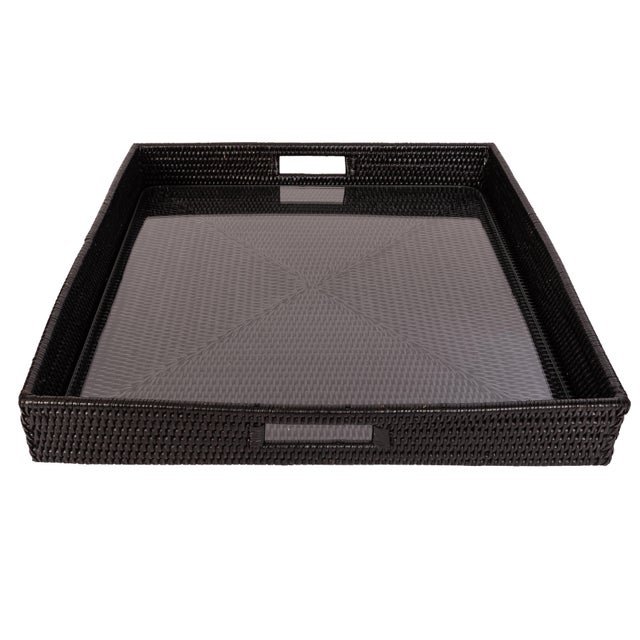 Boho Chic Artifacts Rattan Square Serving Ottoman Trays with Glass Insert in Black, Large For Sale - Image 3 of 3