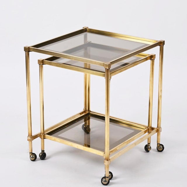 Brass Mirrored Border Nesting Tables with Glass Top from Maison Jansen, 1970s, Set of 2 For Sale - Image 14 of 18