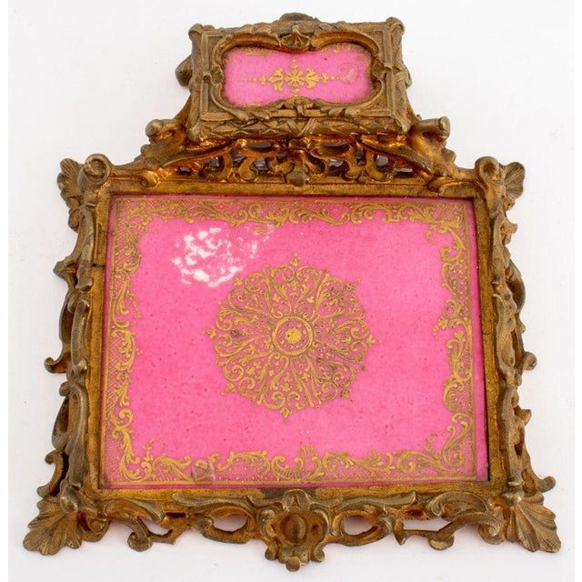 Rococo Style Porcelain and Gilt Bronze Inkwell, enhanced with pink porcelain plates in the manner of Sevres. 1.75" H x...