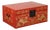 Red Lacquered Chinese Blanket Chest with Gilt Motifs & Guardian Lions For Sale