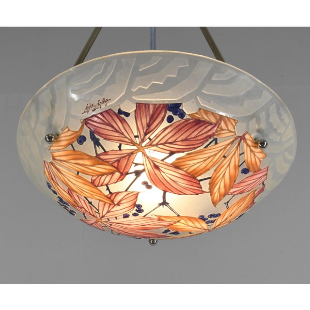 Loys Lucha French Art Deco Pendant Light 1930s - Red Orange Floral Enameled Bowl For Sale - Image 10 of 14