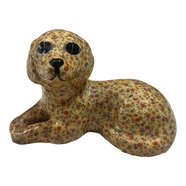1970s Small Floral Ceramic Painted Dog Sculpture For Sale