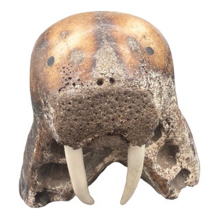 1980s Inuit or Eskimo Sculpture of a Walrus Made With a Jaw or Some Large Creature. Signed For Sale