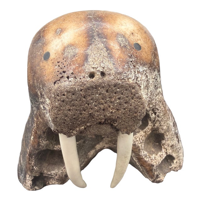 1980s Inuit or Eskimo Sculpture of a Walrus Made With a Jaw or Some Large Creature. Signed For Sale