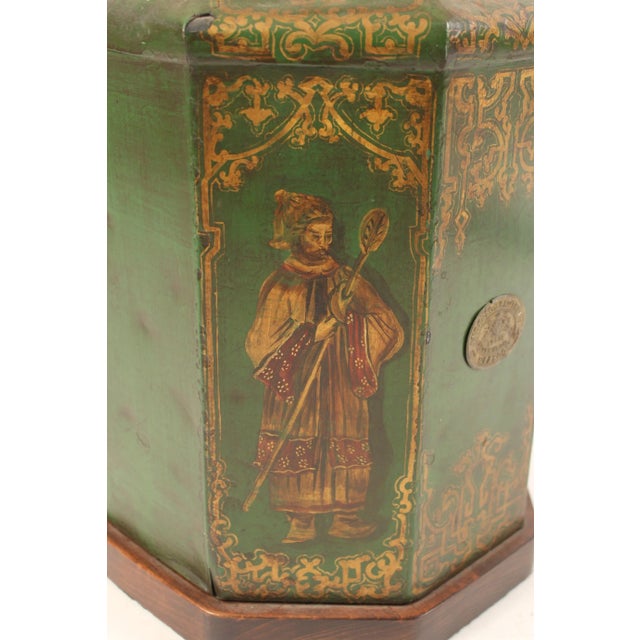 Wood Antique Tole Green and Gilt Decorated Tea Canister Lamp For Sale - Image 7 of 11
