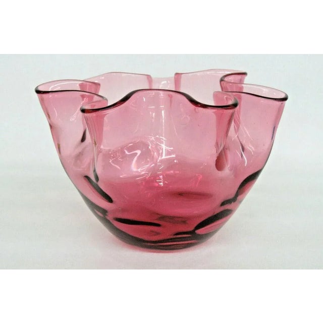 Mid-Century Modern Fenton Thumbprint Style Cranberry Pink Glass Ruffled Rose Bowl Vase For Sale - Image 3 of 11