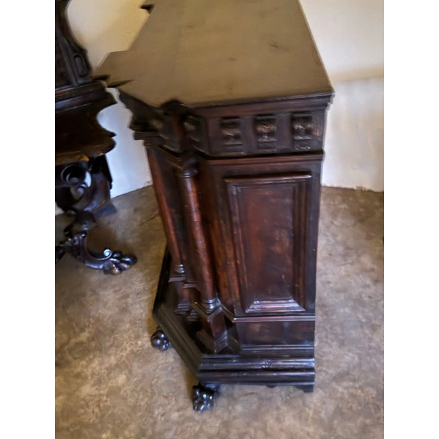 Italian Antique Walnut Credenza Excellent Overall C. 1825 Renaissance Style, Lion Coat of Arms One Concealed Drawer. Red Cloth Interior. For Sale - Image 10 of 12