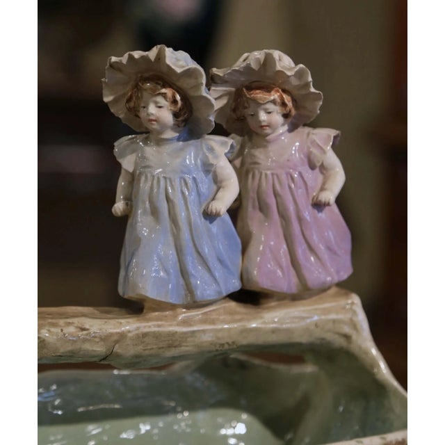 19th Century French Barbotine Centerpiece Jardinière With Young Girls For Sale - Image 4 of 11