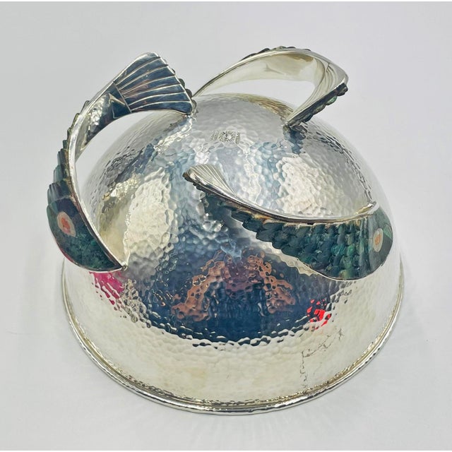 Los Castillo 1950s Silver Bowl With Malachite-Inlaid Fish Base, Taxco, Signed For Sale - Image 9 of 18