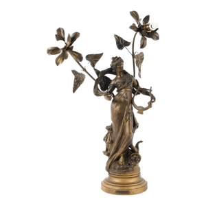 French Art Nouveau Figural Lamp With Muse and Floral Lights, Early 20th Century